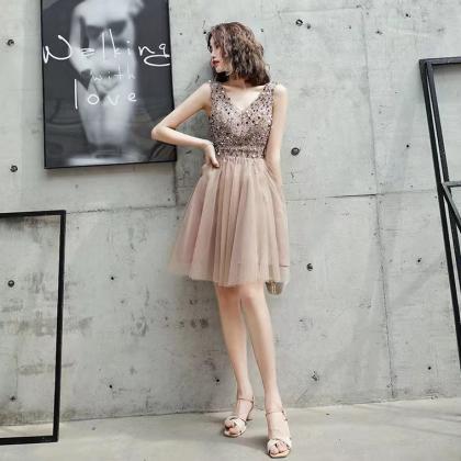 Champagne Homecoming Dress, Short V-neck Party..