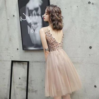 Champagne Homecoming Dress, Short V-neck Party..