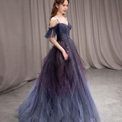 Unique Blue Beaded Prom Dress, Gradient Tulle Long..