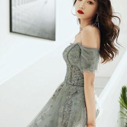 Gray Green Party Dress, Off Shoulder Lace..