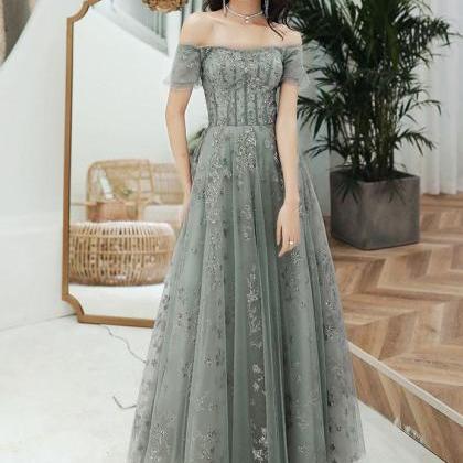 Gray Green Party Dress, Off Shoulder Lace..