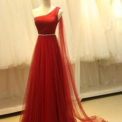 One Shoulder Wine Red Long Simple Prom Dresses ,..