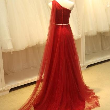 One Shoulder Wine Red Long Simple Prom Dresses ,..
