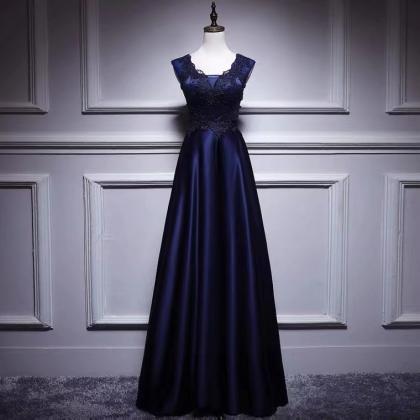 Navy Blue Evening Dress ,satin Prom Dress,v-neck..
