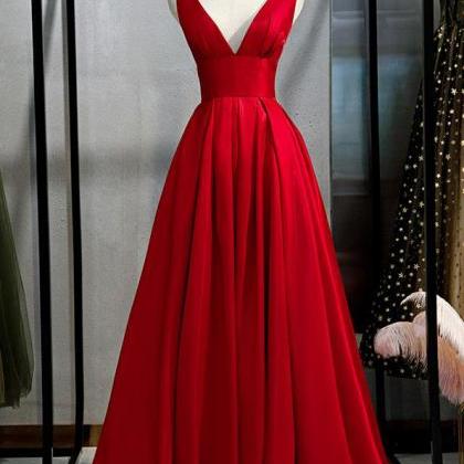 Red V Neck Satin Long Prom Dress Simple Red..