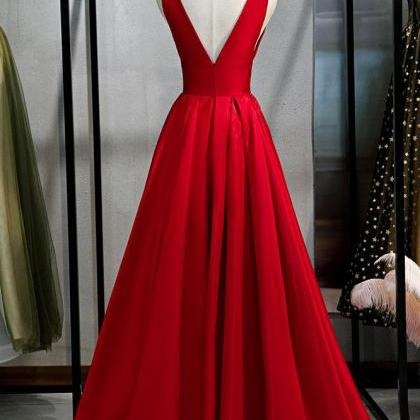 Red V Neck Satin Long Prom Dress Simple Red..