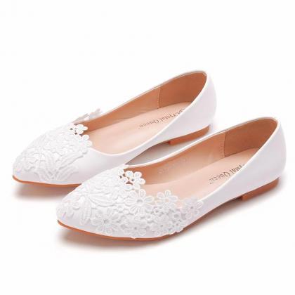 Flat Lace Wedding Shoes, White Pointed Casual Flat..