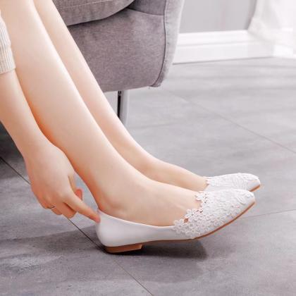 Flat Lace Wedding Shoes, White Pointed Casual Flat..