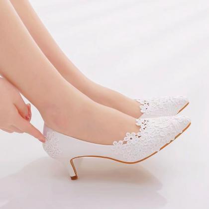 Elegant, Simple, Lace Flower Wedding Shoes, White..