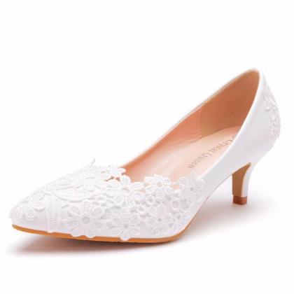 Elegant, Simple, Lace Flower Wedding Shoes, White..