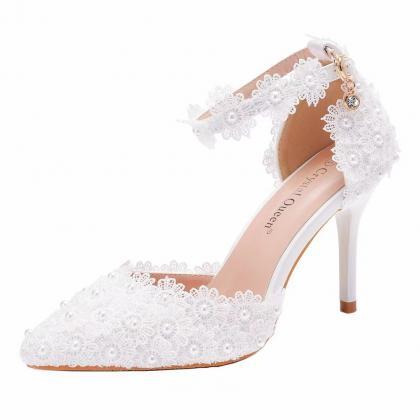 9cm White Lace Wedding Shoes, One-line Buckle..