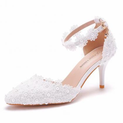 9cm White Lace Wedding Shoes, One-line Buckle..