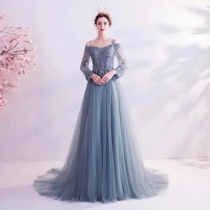 Elegant Blue Prom Dress, Long Sleeve Wedding..