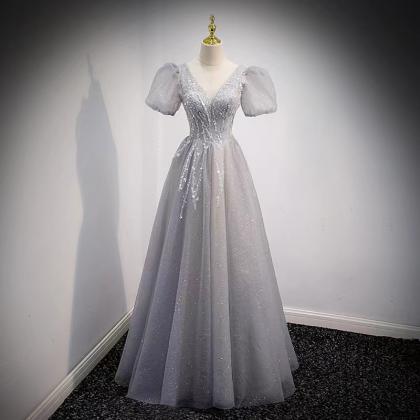 Grey Evening Dress, Fairy Prom Dress,v-neck Party..