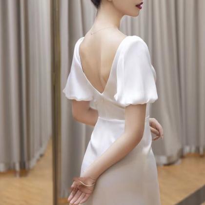 Satin Light Wedding Dress With Tail, Simple Dream..