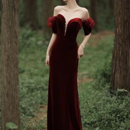 Velvet Slimming Red Evening Dress, Off Shoulder..
