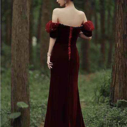 Velvet Slimming Red Evening Dress, Off Shoulder..