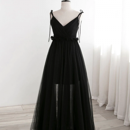 Spaghetti Strap A-line Prom Dresses,black Tulle..