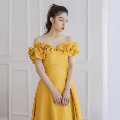 Off Shoulder Prom Dress,yellow Party Dress,satin..
