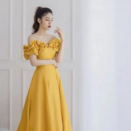 Off Shoulder Prom Dress,yellow Party Dress,satin..