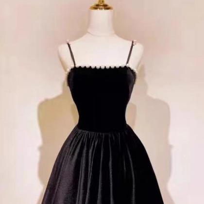 Spaghetti Strap Velvet Long Prom Dress with Pearls, Black Evening Dress Party Dress main image 1