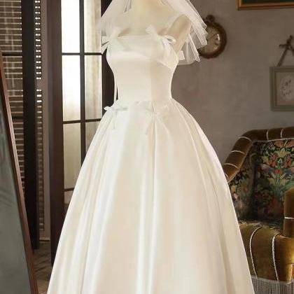 Light Wedding Bow Dress, Simple Satin Dress, Cute..