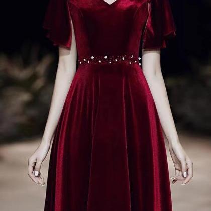 Wine Red Velvet Dress , High - Class Charming..