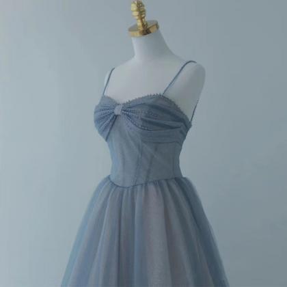 Spaghetti Strap Prom Dress,blue Party Dress,shiny..