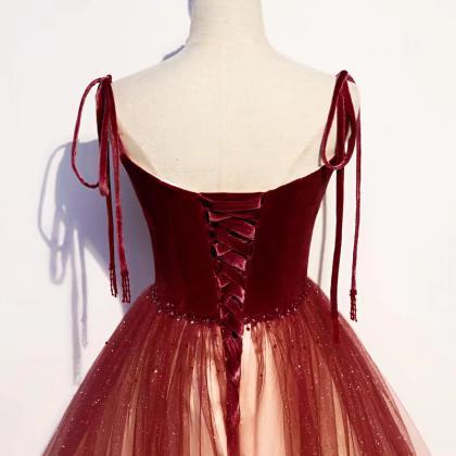 Spaghetti strap party dress,red pro..