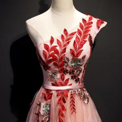 Long pink prom dress,one shoulder p..