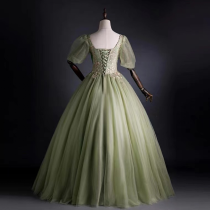 Green evening dress, off shoulder p..