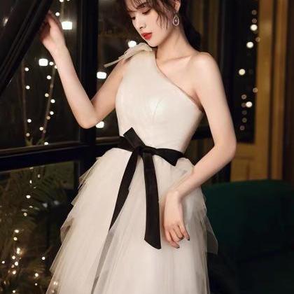 One Shoulder Prom Dress, White Evening Dress,cute..