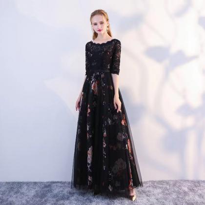 ,mid Sleeve Prom Dress,elegant Black Dress,lace..