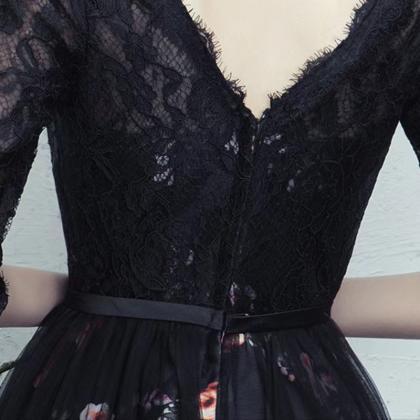 ,mid Sleeve Prom Dress,elegant Black Dress,lace..