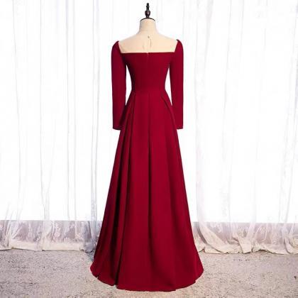 Long Sleeve Prom Dress, Red Party Dress, Elegant..