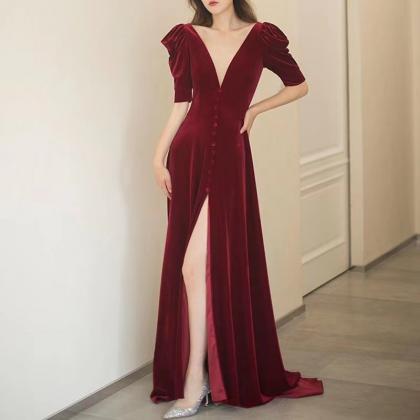 Red Prom Dress, Elegant Party Dress,velvet Slit..