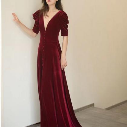 Red Prom Dress, Elegant Party Dress,velvet Slit..