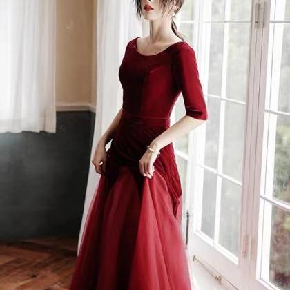 Long Sleeve Prom Dress, Red Evening Dress,velvet..