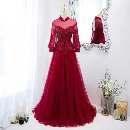 Long Sleeve Prom Dress, Red Evening Dress,high..