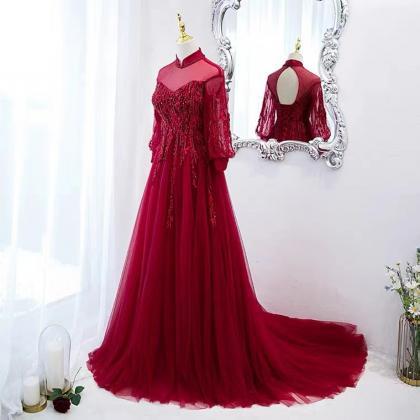 Long Sleeve Prom Dress, Red Evening Dress,high..