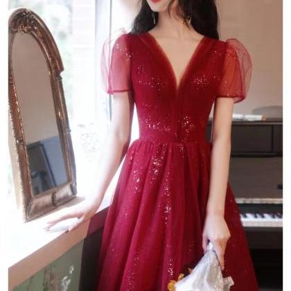 V-neck prom dress, red party dress,..