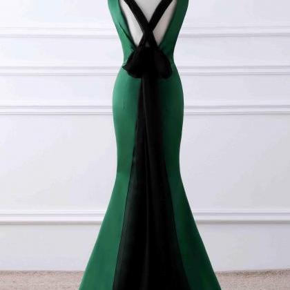Green Matte Satin Prom Dress, V-neck Mermaid Dress..