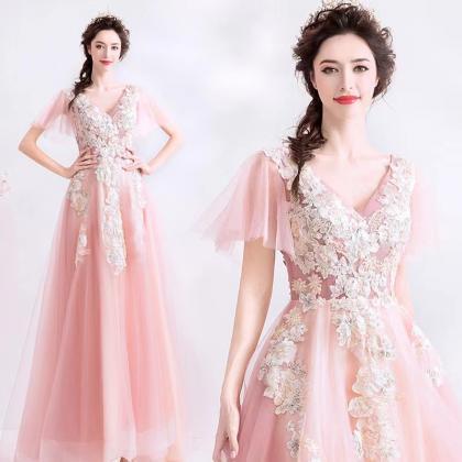 V-neck Evening Dress,pink Prom Dress,sweet Party..