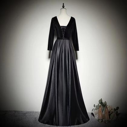 V-neck Evening Dress,black Prom Dress,long Sleeve..