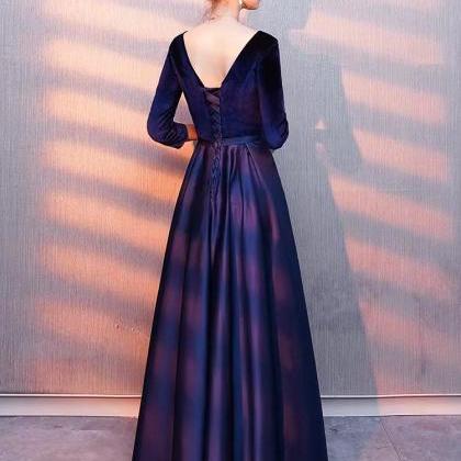 V-neck Evening Dress,navy Blue Prom Dress,long..