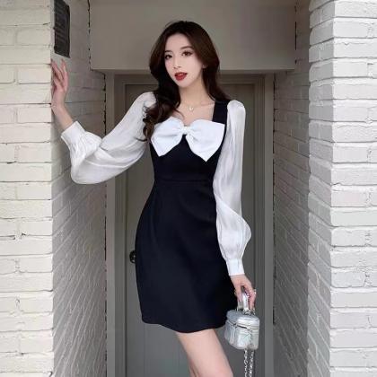 Bow Splicing Collision Color Dress Female, Spring,..