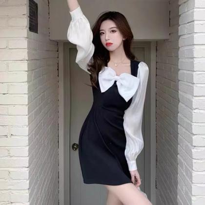 Bow Splicing Collision Color Dress Female, Spring,..
