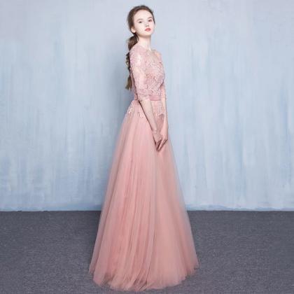 Long Sleeve Prom Gown,pink Evening Dress, Sweet..