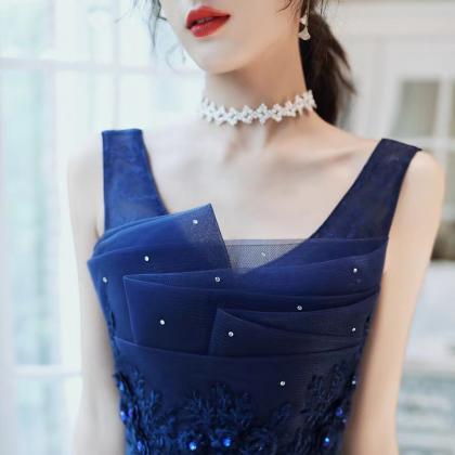 Navy Blue Evening Dress, Dream Prom Dress, V-neck..