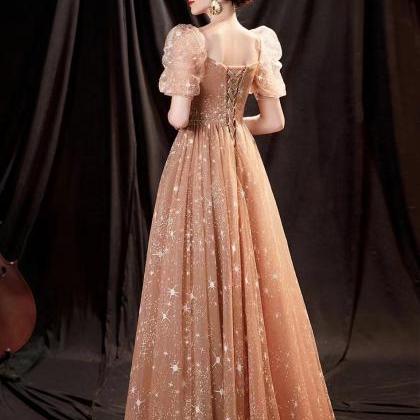 Golden Puffy Sleeve Prom Dress, Princess..